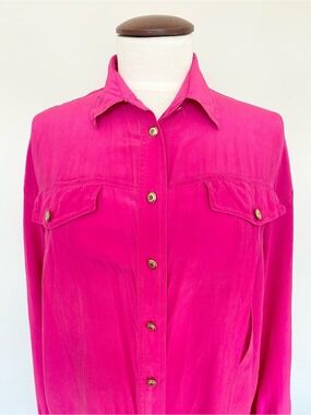 Vintage Van MacDowell Pink 100% Silk Button Down Blouse Shirt Sz L Faux Pockets